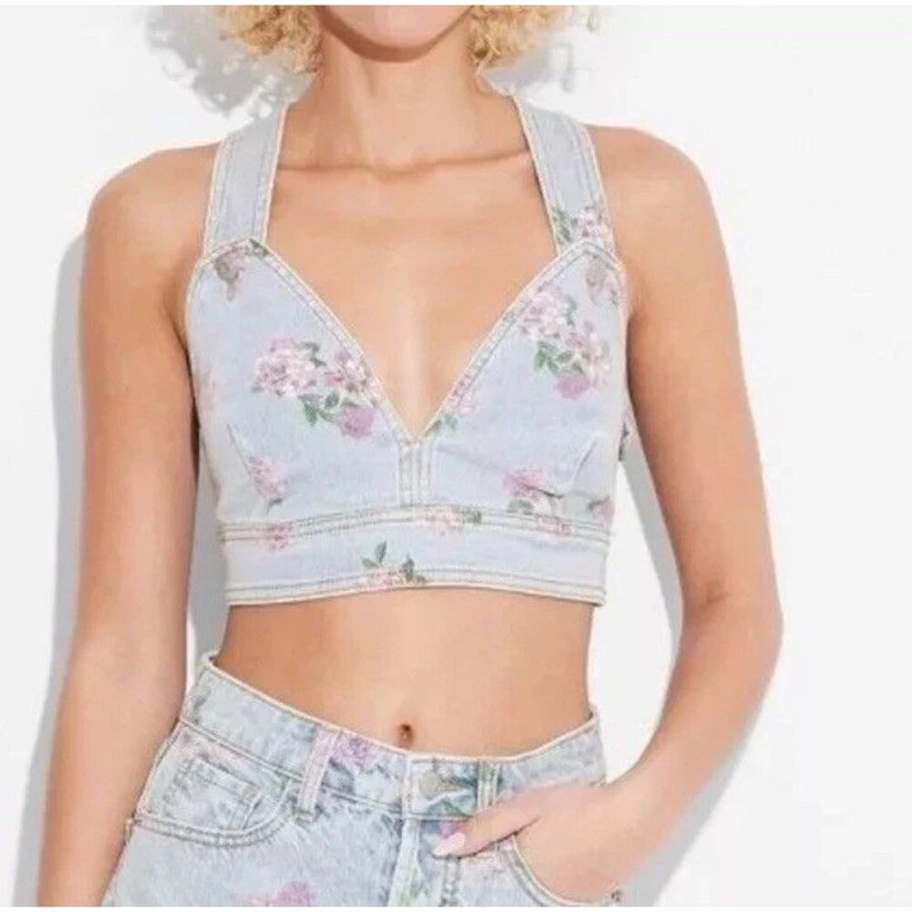 Wild Fable Women's Cropped Denim Vest Light Wash Floral Size XL NWT